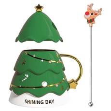 挪威風聖誕樹馬克杯 送麋鹿童話湯匙 12 x 8cm 460g, 綠色, 1組