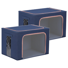 棉麻款衣物棉被鋼架收納箱，厚實耐用，多功能收納，大容量設計, 39.5 x 59.5 x 42.5cm, 藏青色, 2個