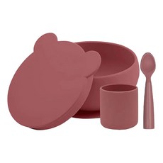 MiNiKOiOi 小美食家碗杯匙3件組, 吸盤碗12 x 6.5cm 300ml + 學習杯6.5 x 7cm 180ml + 湯匙13.2 x 2.7 x 1.6cm, 石榴紅, 1組