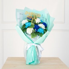 ASPASIA 人造花 羅曼蒂克康乃馨玫瑰香皂花花束 + 留言插牌 + 購物袋組合, 藍色(花束), 1個