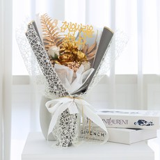 아스파시아 비누꽃 세레나데 카네이션 장미 꽃다발 + 메세지픽 + 쇼핑백 세트, 골드, 1개