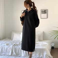 afinar 女款寬鬆翻領拉絨連身長裙, 黑色