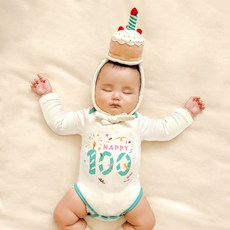 韓國 ikii 嬰幼兒100天紀念連身衣長袖 + 蛋糕帽 + 禮物盒 + 提袋組合