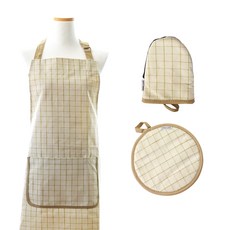 PRELUDE 格紋圍裙+隔熱手套+隔熱鍋墊, 象牙色+米色+綠色, 1套
