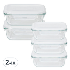 알프레미오 유리 밀폐용기 직사각 5종 세트, 2세트, 370ml(3P) + 630ml(2P)