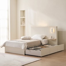 삼익가구 네이처 편백나무 템바보드 LED조명 수납 호텔 침대프레임 + 협탁 + 파워 본넬 매트리스 세트 방문설치, 크림화이트
