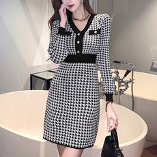 Awesomeful 羅恩千鳥格紋針織連身裙, 黑色