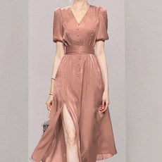 비비에모 브이넥 반소매 어깨 볼륨 하이웨스트 앞트임 미디 원피스 01299