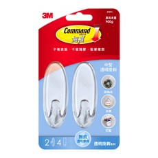 3M Command 無痕 掛鉤 37091 中型 2個, 透明色, 1組