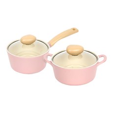 NEOFLAM Retro系列 陶瓷塗層鑄造湯鍋 2件組, 粉紅色, 18公分單柄湯鍋 + 18公分雙耳湯鍋, 1組