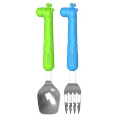 Edison 愛迪生 長頸鹿湯叉盒裝(B.P.)-適4歲+, 叉子16.4 x 3.3cm + 湯匙16.4 x 3.3cm + 收納盒18.3 x 8.1cm, 藍色 + 綠色, 1組