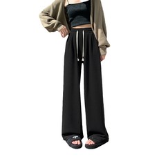 薄款慵懶抽繩垂墜直筒休閒褲 鬆緊設計, 全長95 x 褲腳寬24 x 腰寬27 x 臀寬50 x 大腿寬25, 黑, 1件