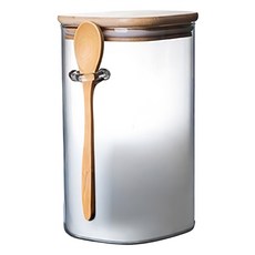 方形玻璃儲物罐, 高硼硅玻璃, 竹木材質密封罐, 附帶小木勺, 1.2L, 1個