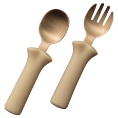 MODU'I BLUEMAMA 鉑金矽膠幼兒學習餐具組 耐熱-40~210°C 韓國製造, 奶油黃, 叉子 + 湯匙 + 收納盒 105 x 29mm 94g, 1個