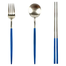 Caldo卡朵生活 深海藍霧不鏽鋼環保餐具3件組 (藍銀/藍金, 筷子23.5cm, 湯匙21.7cm, 叉子22cm), 藍銀色, 1組, 叉子+湯匙+筷子