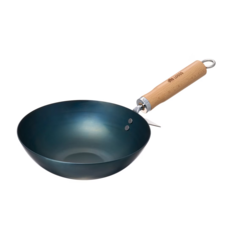 LOGOS 鐵匠 中華鍋 直徑約23cmx深7cmx全長44cm 總重量約890g 鋼和木材材質, 黑色 + 原木色, 1個