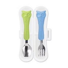 Edison 愛迪生 不鏽鋼湯叉盒, 2歲以上適用, 湯匙叉子學習餐具, 長頸鹿 藍綠, 湯匙+叉子+收納盒, 1組