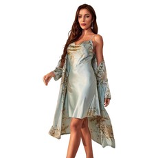 Woni's 女款絲綢細肩帶睡裙 + 浴袍套組 S, 淡薄荷綠, 1套