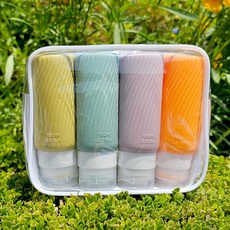 ROJI 새지않는 휴대용 실리콘 공병 100ml x 4종 + 공병 케이스 + 용기 스티커 세트, 1세트, 그린, 민트, 퍼플, 오렌지