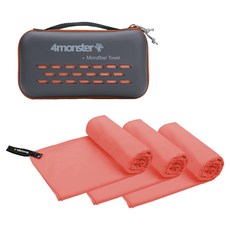 4monster 超細纖維加大毛巾 3入 + EVA收納盒組, 印度珊瑚色, 1套