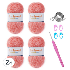 미소털실 수세미실 4p + 크로셰바늘 랜덤발송 + 단수핀 랜덤발송 4p + 뜨개반지링 세트, 12 살몬(수세미실), 2개