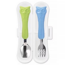 Edison 愛迪生 不鏽鋼湯叉盒 2歲以上適用 鋸齒狀叉子, 貓頭鷹 藍+綠, 湯匙*1+叉子*1+收納盒*1, 1組