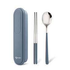 Mymin 靜音不鏽鋼餐具組, 湯匙 + 筷子 + 收納盒, 藍色