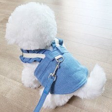 CcommePet 狗狗貓咪胸背帶散步牽繩牛仔吊帶荷葉邊胸背帶+牽繩套組, 1套, 混合顏色