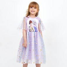 女童冰雪奇緣印花短袖蕾絲連衣裙