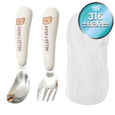 WONDER PAPA 幼兒用可愛卡通人物湯匙+叉子+收納盒組, 1套, 湯匙+叉子+收納盒, 白色小熊