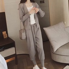 Goodif 女款羅紋休閒開襟衫 + 長褲套裝