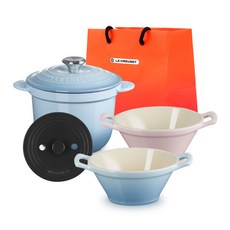 LE CREUSET Gourmet飯鍋與普羅旺斯燉鍋上菜碗 + L號購物袋 5件組, Gourmet飯鍋 2L + 保濕蓋 + 普羅旺斯燉鍋上菜碗 2入, 1套, 海岸藍(飯鍋), 黑色(保濕蓋), 雪紡粉, 海岸藍(普羅旺斯燉鍋上菜碗)