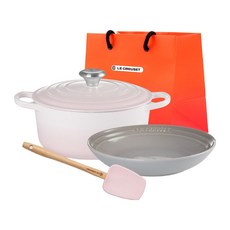 LE CREUSET Signature圓形鍋具3件組 + L號購物袋, 1套, 貝殼粉 + 迷霧灰 + 淡粉紅, 24公分圓形鍋 + 碗 + 烹飪用具