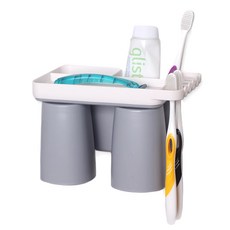 Young Star 倒掛磁吸漱口杯 2入 + 牙刷架組合, 灰色, 1套