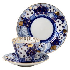 皇瓷俄羅斯圓頂徑向茶具, 白+金+藍, 1套