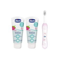 Chicco 兒童含氟牙膏牙刷組 12個月以上寶寶適用, 水果草莓, 牙膏50ml*2+牙刷*1, 1組