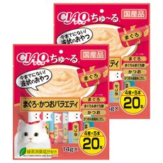 INABA CIAO 啾嚕 燒肉泥 Set 20條 將食材磨成泥 條狀包裝 綠茶除臭配方 減少貓咪糞便異味, 鮪魚&奢華鮪魚 + 奢華鮭魚&北海道干貝, 280g, 2袋