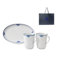 로얄코펜하겐 프린세스 머그 330ml x 2p + 오발 접시 23cm 세트 + 쇼핑백, 1세트, 머그 330ml(2p) + 오발 접시 23cm(1p) + 쇼핑백, 블루 + 화이트
