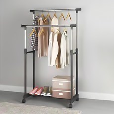 前程似錦 堅固衣架 組裝式更衣室整理架 2層移動式掛衣架, 銀色