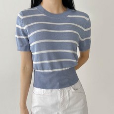 플랜데이 여성용 라운드넥 단가라 슬림 허리핏 크롭 반팔 기본 니트