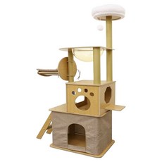 哈囉毛孩 豪華加大雙貓屋太空艙貓跳台 Set 附貓窩 貓抓柱 貴妃躺椅, 1組, 木色