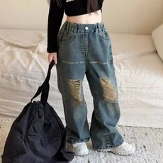 EYOUMONG 兒童款 Cobio 水洗復古破損鬆緊帶牛仔長褲