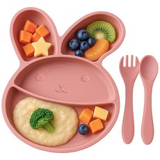 AttiRabbit 寶寶兔子吸盤餐盤 + 湯匙 + 叉子組, 乾燥玫瑰, 1套