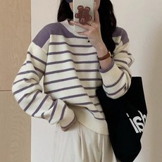 PEONIST 女款簡約圓領後開衩條紋針織衫