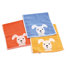 星紅織品 經典可愛小狗造型純棉洗臉巾3件組 (73x33cm) 柔軟吸水 親膚舒適, 藍色 + 橘色 + 黃色, 1組