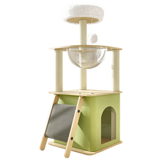 哈囉毛孩 帳篷貓屋太空艙貓跳台簡約款 附貓抓板 125cm 絨毛小窩+玩具球 透明太空艙, 綠色 + 白色 + 木色, 1個