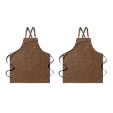 日式職人工作圍裙, 棕色, 棉織帆布+皮革, 尺寸68x76cm, 駝色, 2個
