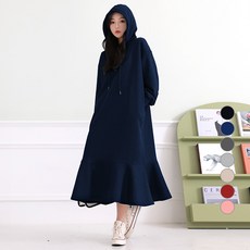 TURNKEY 女款大尺碼寬鬆版型連帽荷葉邊刷毛長版連身裙 OPS-2837, 海軍藍