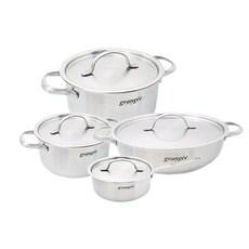 Kitchen-Art IH爐適用Grangee系列三層不鏽鋼鍋具+鍋蓋組 4入, 霧面不鏽鋼, 單柄湯鍋16cm+雙耳湯鍋18cm+雙耳湯鍋24cm+雙耳淺湯鍋24cm, 1組