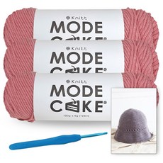 Knitt Mode Cake 編織線 100g x 3球 + Merril 漁夫帽圖案 + 鉤針用鉤針 7/0號 4.0mm, 11灰粉色